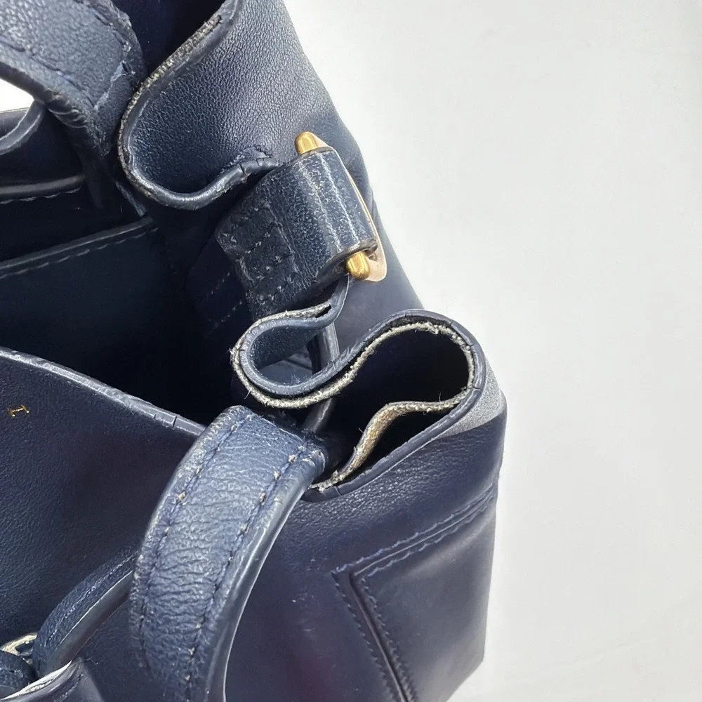 Tory Burch Block T Small Navy Blue Leather Bucket Bag Drawstring Closure